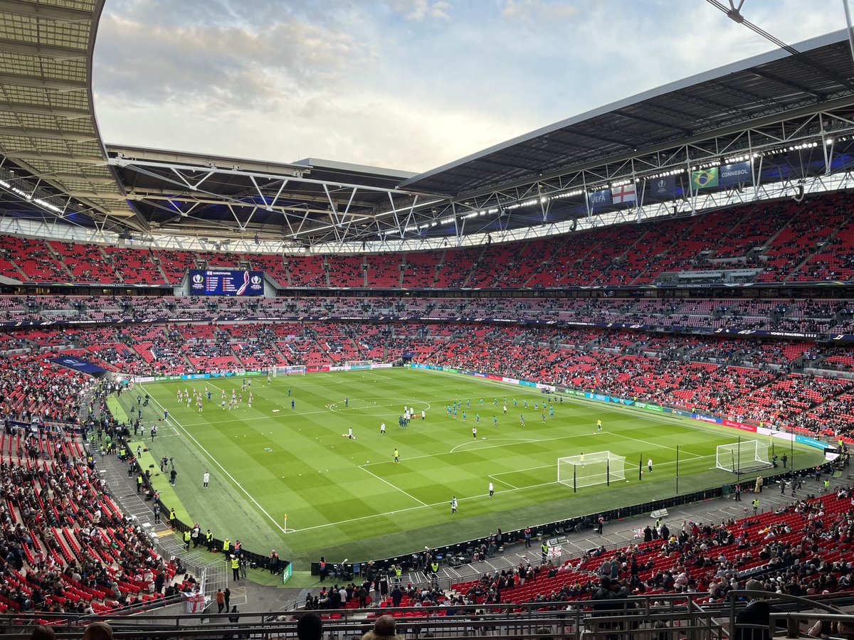 SJSC BU 14 made it to Wembley. Very excited for the game Woman’s game to start England vs Brazil. ⁦<a href="/St_Johns_Soccer/">St. John's Soccer Club</a>⁩