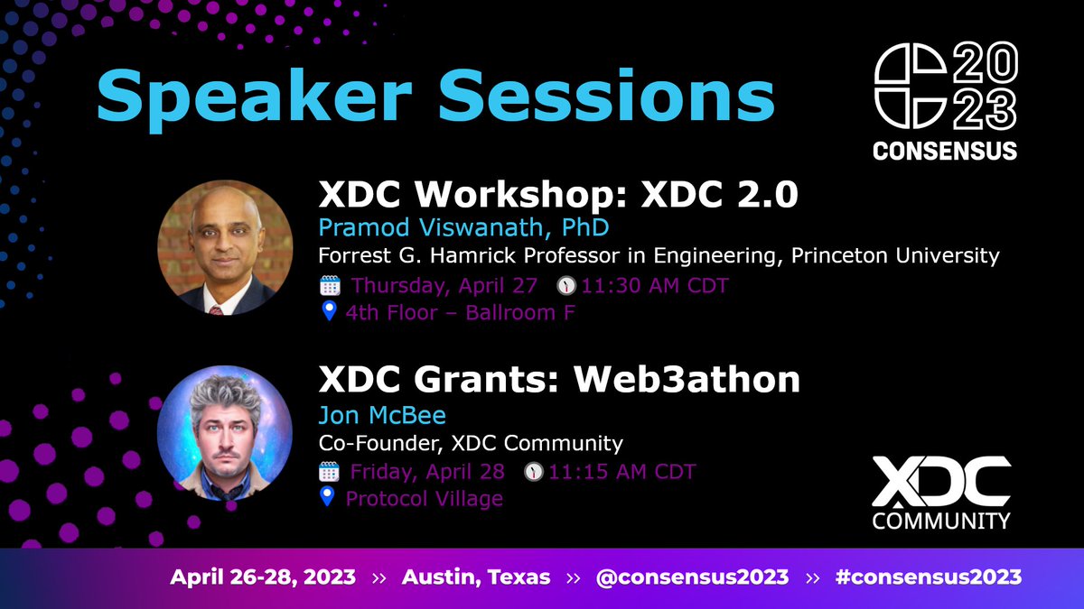 Join us at #Consensus2023 and learn about the #XDCNetwork upgrade to XDC 2.0 with Pramod Viswanath (Princeton University) and the Web3athon grants with <a href="/WBlueu/">Walter Blueu</a>.

<a href="/XinFin_Official/">XinFin</a> <a href="/XDCFoundation/">XDC Foundation</a> <a href="/consensus2023/">#Consensus2023</a> <a href="/Web3athon_xyz/">Web3athon 2023</a> #XDC #ETH #EVM