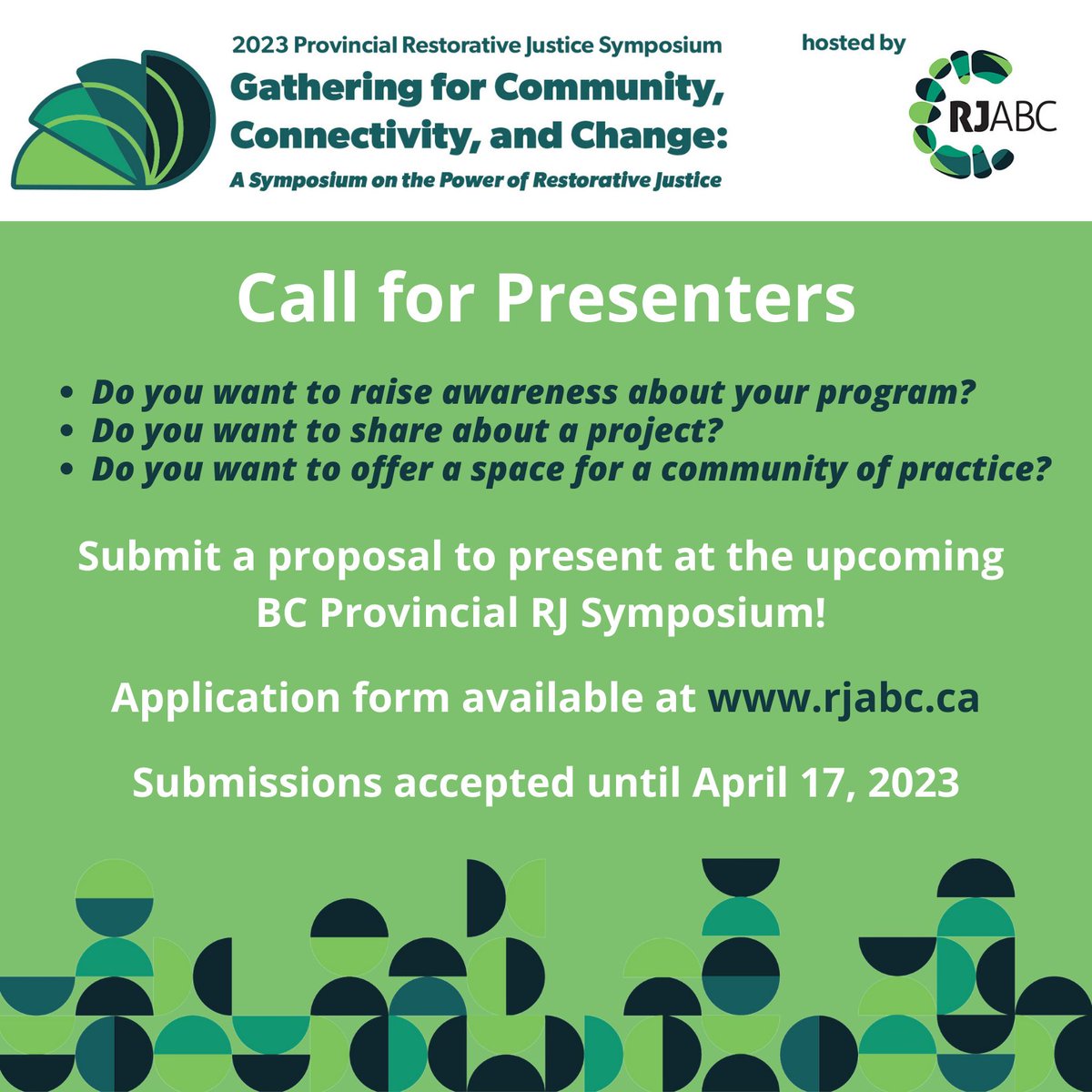 rjabc_'s tweet photo. We're accepting applications for presenters at our first Provincial Restorative Justice Symposium.
For more information, please check out our website: https://t.co/Q4xbWs4cIl https://t.co/wV0EYR02Kx