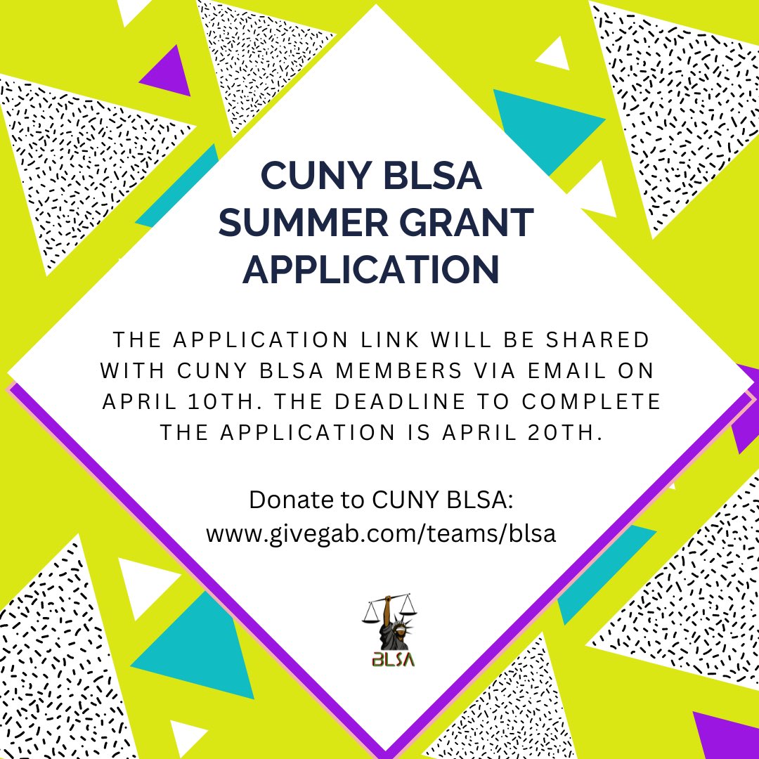 CUNYBLSA's tweet photo. Our CUNY BLSA summer grant application will go live on Monday, April 10th! There is still time to donate at https://t.co/vUBKjckK9A

Last year $16,000 worth of scholarship funds were given out to 24 students. This year BLSA will be awarding Summer Grants funding in 5 categories: https://t.co/XSIOeLeTE8