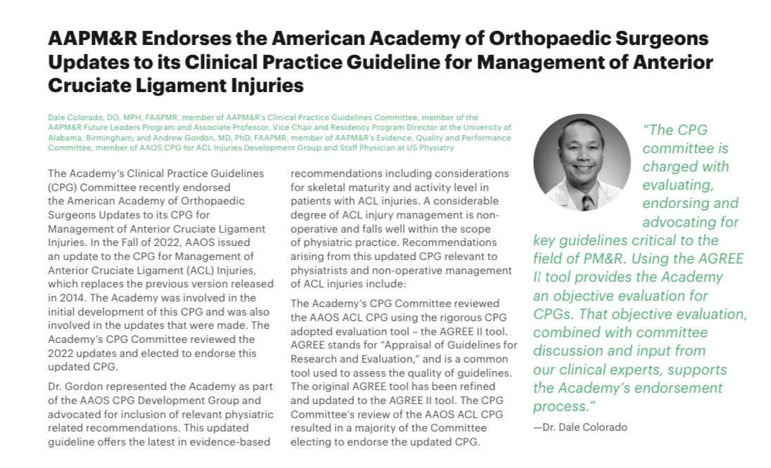 Dr. Colorado was featured in the recent <a href="/AAPMR/">AAPM&R News</a> 
"The Physiatrist" newsletter for his role in AAPMR's endorsement of the American Academy of Orthopaedic Surgeons clinical practice guideline for management of ACL injuries.