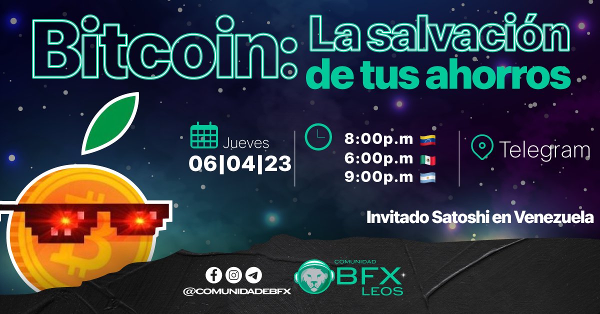 ¡HOY tenemos AMA! 🦁

La comunidad de #BFXLeos te invita a un #AMA en Telegram donde estaremos charlando con <a href="/satoshienvzla/">Satoshi en Venezuela 🍊⚡</a>💪

📣Hablaremos sobre #Bitcoin : la salvación de tus ahorros✨

⏰ 8:00pm🇻🇪 6:00pm🇲🇽 9:00pm🇦🇷
 
Grupo de Telegram👉t.me/bfxleoscomunid…