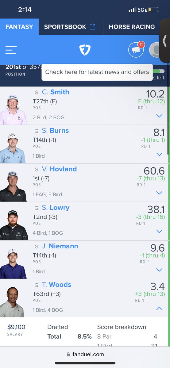 Here is my Master's lineup 😁 currently 194th place out of 3600 wish me luck @TheMasters 

@camsmith9 
@Samburns66 
@Viktorhovland21 
@ShaneLowryGolf 
@juaquimeneiman 
@TigerWoods