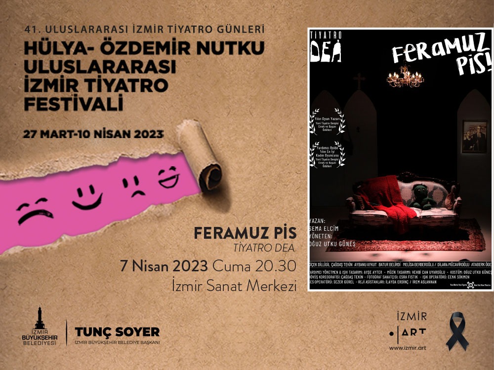 Yarın akşam - 7 Nisan Cuma- 41.Hülya-Özdemir Nutku Uluslararası İzmir Tiyatro Festivali'nde İzmir seyircisi ile buluşacağımız için çok heyecanlıyız.🎭