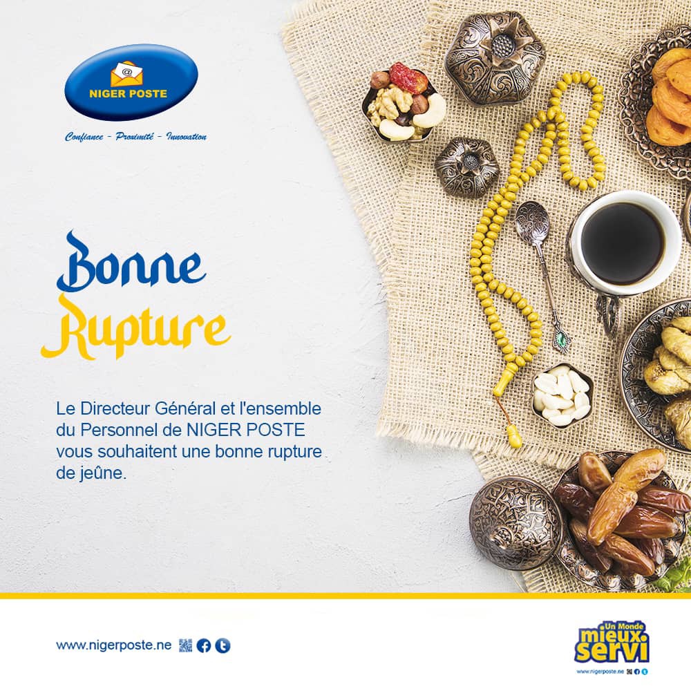 NIGER POSTE (@nigerposte) on Twitter photo Le Directeur Général et l'ensemble du Personnel de NIGER POSTE vous souhaitent une bonne rupture.
Que Dieu accepte vos bonnes œuvres, purifie vos cœurs et vous guide sur le droit chemin.
<a href="/NigerPoste/">NIGER POSTE</a>
#Bonne Rupture
#Ramadan23 Le Directeur Général et l'ensemble du Personnel de NIGER POSTE vous souhaitent une bonne rupture.
Que Dieu accepte vos bonnes œuvres, purifie vos cœurs et vous guide sur le droit chemin.
<a href="/NigerPoste/">NIGER POSTE</a>
#Bonne Rupture
#Ramadan23
