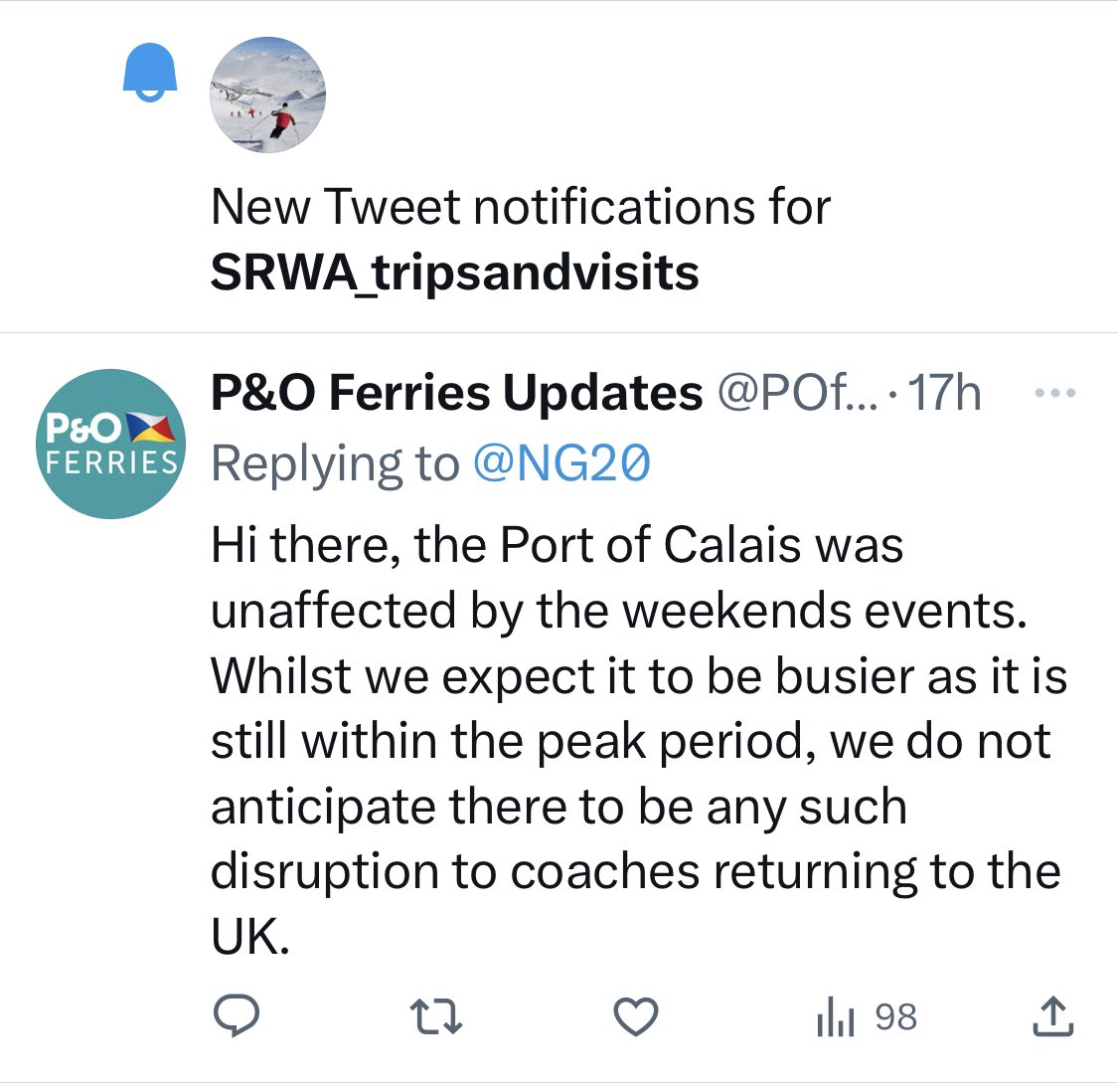 NG20's tweet photo. @SRWAtrips Thanks for everything that’s happened to make sure this week has gone well. Tweeted P&amp;O about return journey and this was their reply..

Fingers crossed for easier crossing 🤞🏼 https://t.co/bLBHhqchYX