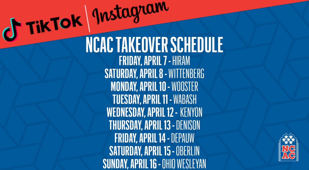 NCAC's tweet photo. 🧐Who’s Ready!?

Starting tomorrow, we begin our #D3Week Instagram (@ncac) &amp; TikTok (@ncac_official) takeovers! 

Each NCAC school will get a chance to takeover the NCAC accounts to share content you won’t want to miss! #NCACPride #whyd3 https://t.co/3qvsBQ6tMw