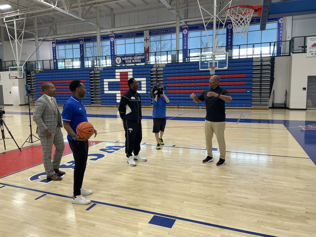 DeMathaHoops's tweet photo. Former teammates and now coaches Kenny Blakeney '90 (HC Howard), Mike Jones '91 (AC Maryland), and Duane Simpkins '92 (HC American) were interviewed at DeMatha today by Darren Haynes of WUSA TV. https://t.co/Opb7nzlJFr