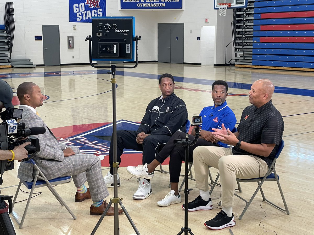 DeMathaHoops's tweet photo. Former teammates and now coaches Kenny Blakeney '90 (HC Howard), Mike Jones '91 (AC Maryland), and Duane Simpkins '92 (HC American) were interviewed at DeMatha today by Darren Haynes of WUSA TV. https://t.co/Opb7nzlJFr