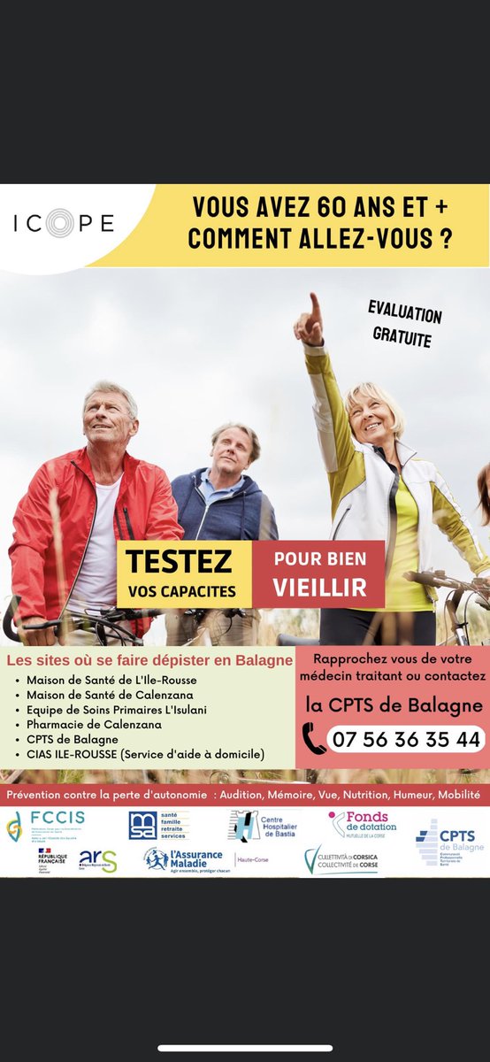 cpts_de_balagne's tweet photo. ▶️ 11 SENIORS dépistés ce jour sur CALVI dans le cadre du programme de prévention ICOPE.
1 patient nécessitera une évaluation approfondie.
🙏Merci à tous les partenaires
@MsaCorse
@IsulaCorsica
@Cpam_2b
@Mairiedecalvi
@ARSCORSE1
@MutuelleCorse
#chbastia
#fccis https://t.co/oUJK1eXPIY