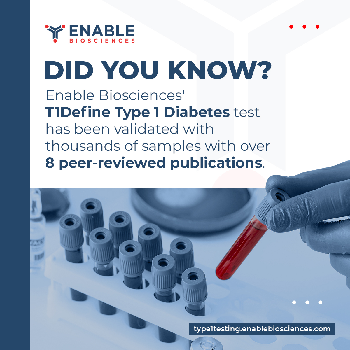 Did you know? Enable Biosciences' T1Define Type 1 Diabetes test has been validated with thousands of samples with over 8 peer-reviewed publications. #t1dlookslikeme #t1d #type1diabetes