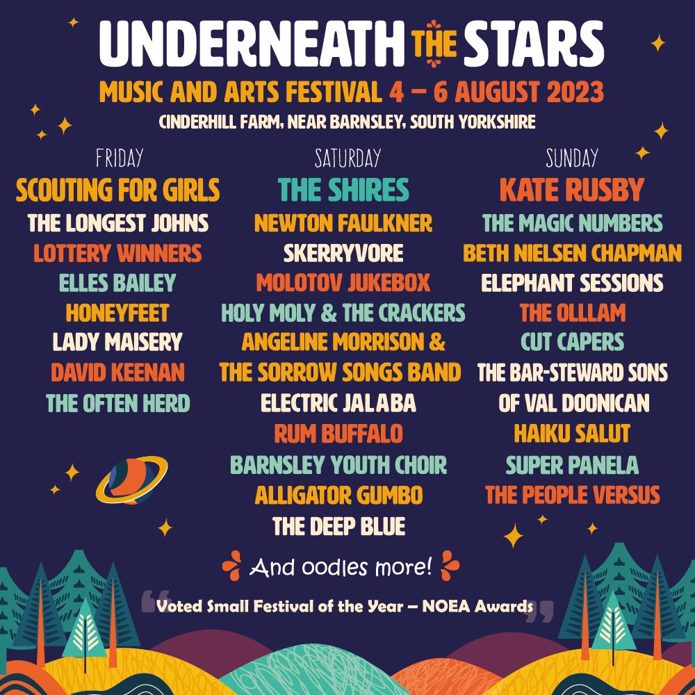 festunderstars's tweet photo. EeeeEEEEeeeeP!!! 🫶🤩 This is it, our 2023 line up for Underneath the Stars!🌟🎪
We have so much to look forward to, including music &amp; dance workshops, street theatre, storytelling, circus skills &amp; scrummy street food! Not to mention the other surprises waiting in the wings... 🫢 https://t.co/oFrjdjmEQU