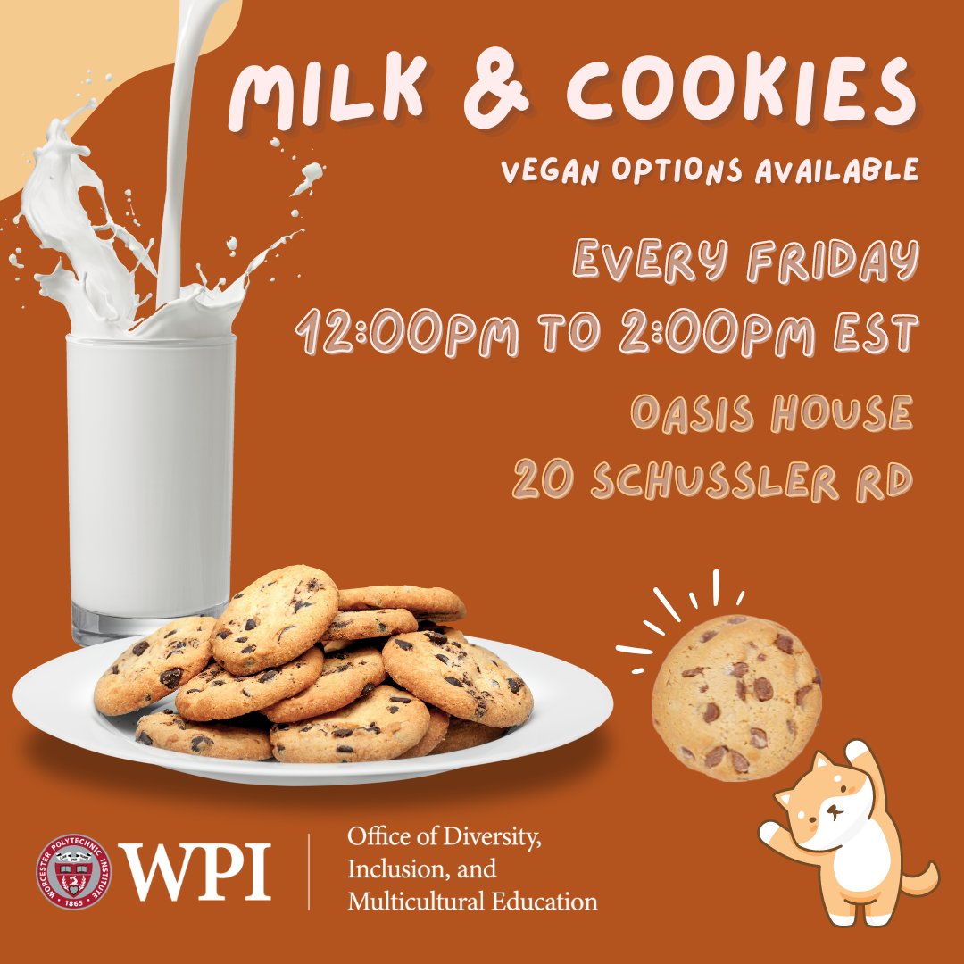 wpi_odime's tweet photo. Take a break and end the week with some milk
 and cookies. Come visit us at the OASIS House 
tomorrow for some light snacks while supplies last.

Let us know you're coming: https://t.co/4jJeGNObiD

#WPI #ODIME #WPIDiversity 
#MulticulturalEducation #WPITechTube https://t.co/AuibnZZFZN