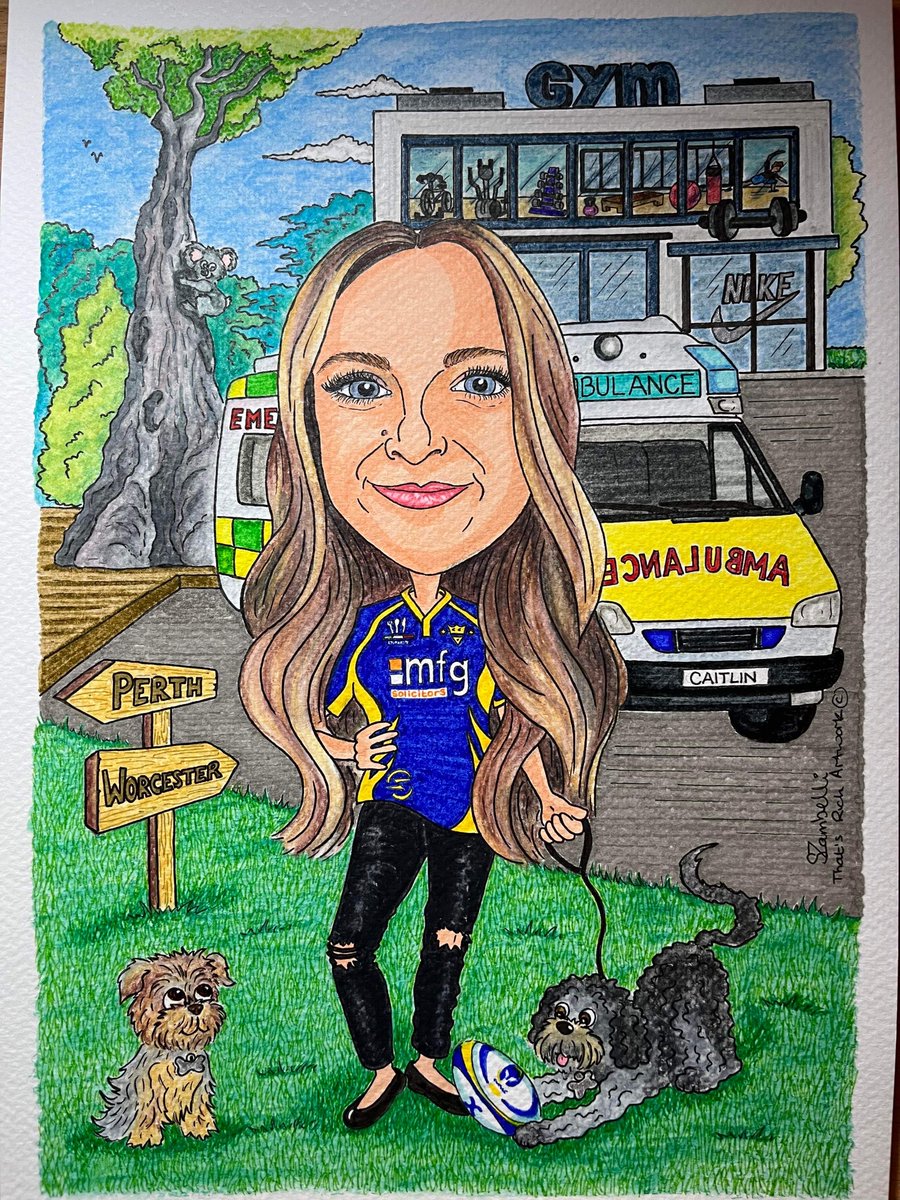 This caricature was done as a birthday present for a trainee paramedic, gym-loving, rugby supporting girl who’d recently visited Oz! 

I can create a fun scene from any list of info about an individual! I love a challenge  🎨

#ThatsRichArtwork #SmallBiz #DorsetBusiness