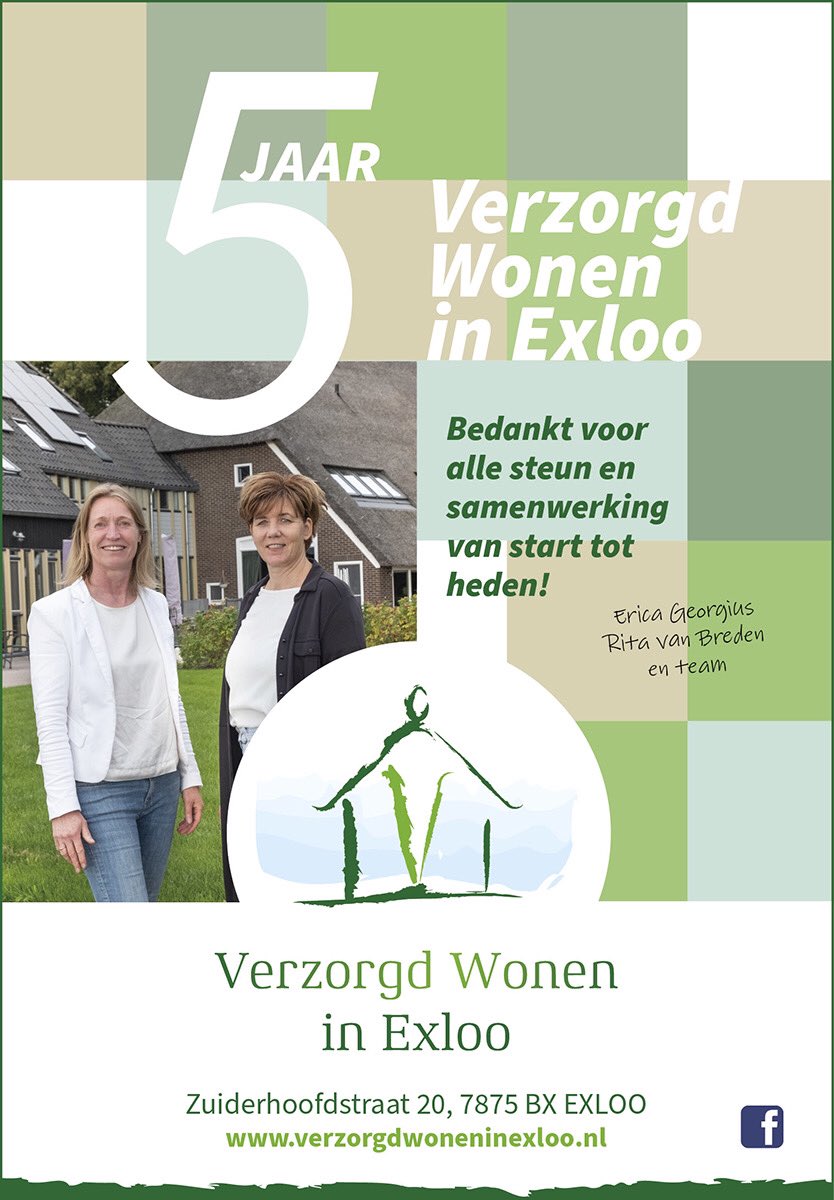 Ons verpleeghuis bestaat deze week vijf jaar. ‘Ingezet op ruimte en kwaliteit en dat wordt gewaardeerd’ zo kopte onze regionale krant. 
Wij stoppen met twitteren. Volg ons op FB, bel ons of check verzorgdwoneninexloo.nl 
Dank voor alle steun in de afgelopen 5 jaren!