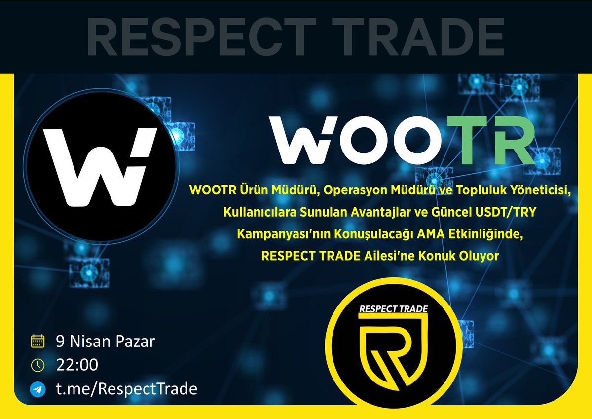 ❓Respect Trade ile AMA etkinliğinde  
<a href="/WOOnetwork_tr/">WOO Network TR</a>  Ekibini konuk ediyoruz.

⏰Tarih: 09.04.2023 Pazar Saat: 22.00 
📌Kanal: t.me/RespectTrade 
🎁 5 kişinin toplam 1250₺'lik $Woo token ödül kazanacağı etkinlikte sorularınızı yorum olarakta bekliyoruz🤗