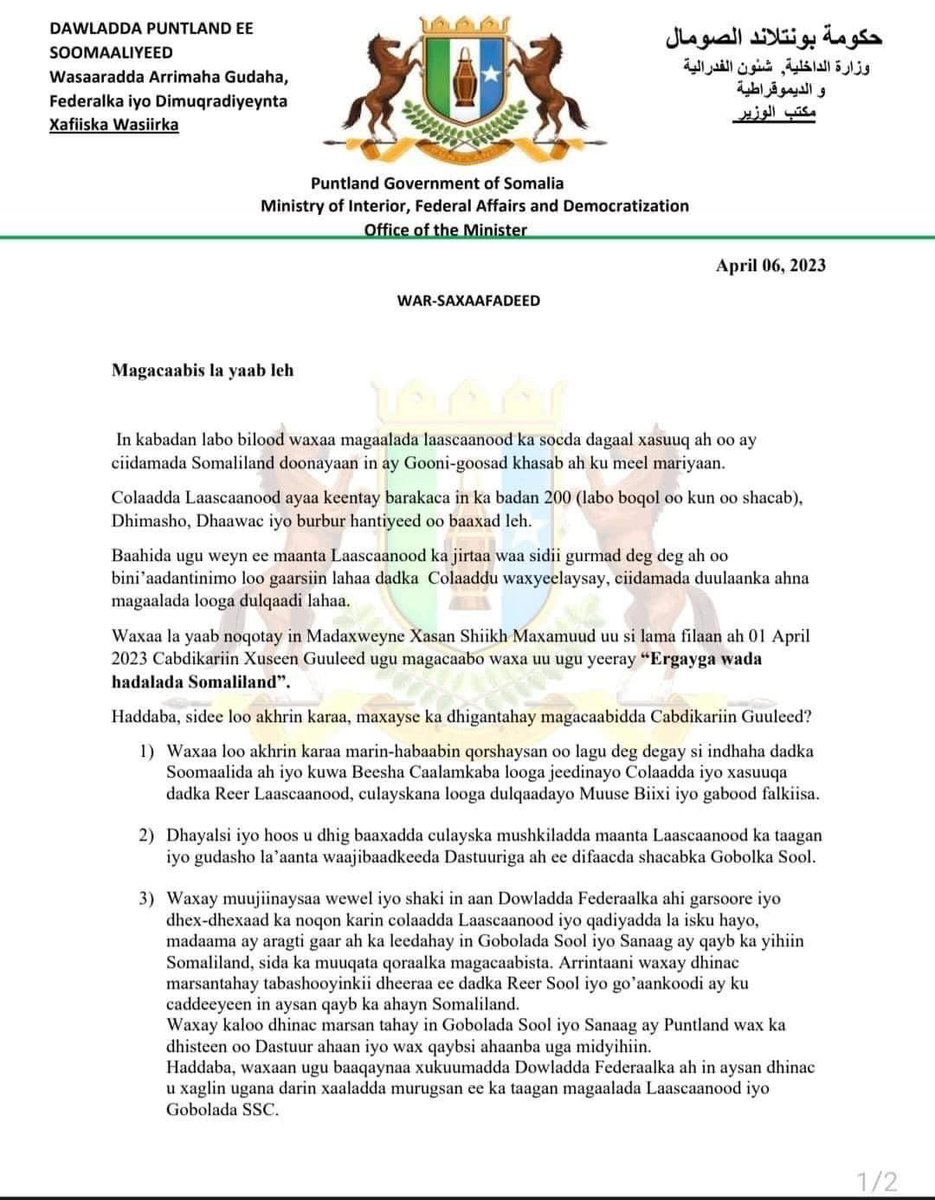 SaeedSanweyne's tweet photo. Puntland opposed the envoy who the president of @Somalia appointed for talks with Somaliland and criticized both the Federal Government and the @Somaliland one. https://t.co/IyUrTOv2ll