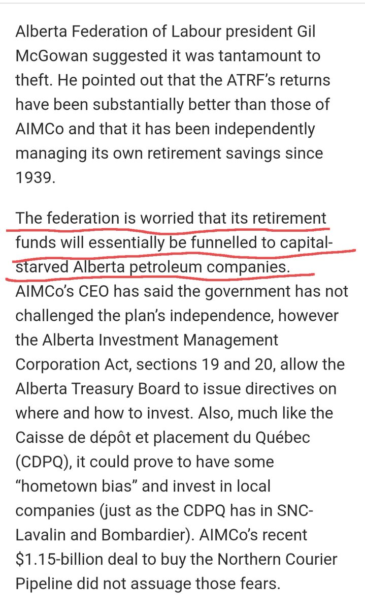 Why would the UCP want to take billions of our retirement dollars out of a historically HIGH-performing pension fund to put them into a historically LOW-performing fund? 
I'm far from an expert, but here's a clue -- to prop up big O&amp;G corps as capital leaves the sector:
#ableg
