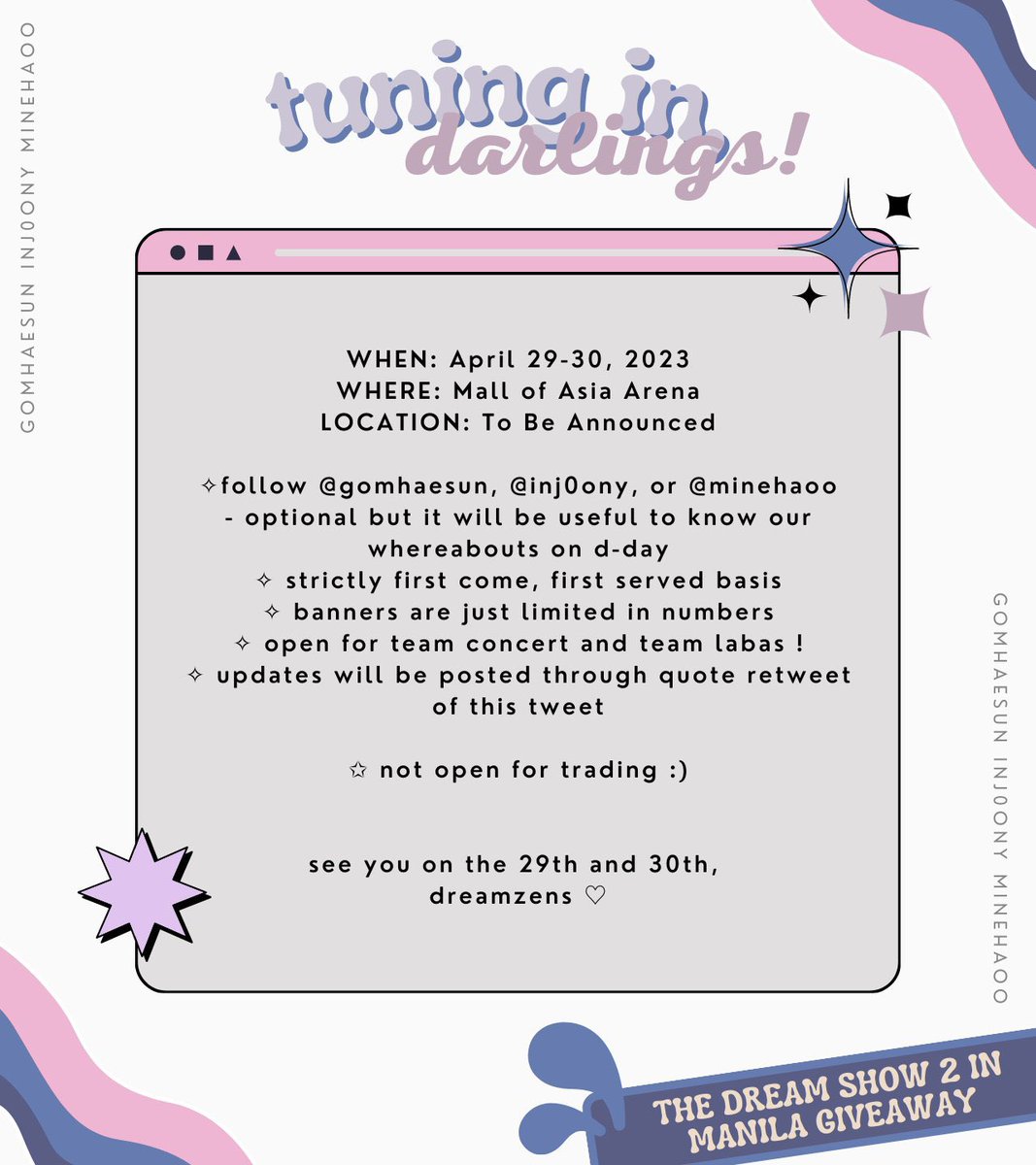 gomhaesun's tweet photo. ♡ tuning in, darlings! ♡
— concert fan support for the dream show 2 in manila 🏞️

hello ph dreamzens! we will be giving away mahae, renmin, and renhyuck hand banners on d-day. just approach us and show this tweet!

💚 see picture for more details!

see you ! 🌟 https://t.co/v2FOxeDJUS