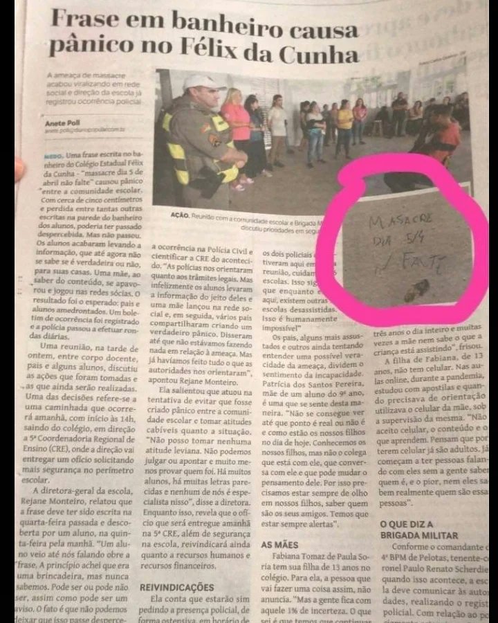 CamilaLopesDev's tweet photo. ⚠️⚠️⚠️⚠️⚠️⚠️⚠️⚠️⚠️⚠️⚠️⚠️⚠️
Na E.E FELIX DA CUNHA de PELOTAS RS, foi encontrado no banheiro um (aviso de massacre na escola) e a única providência tomada foi suspender as aulas por uma semana.
como vai ser o ano letivo dos alunos e principalmente como fica a segurança dos nossos? https://t.co/vWybi3cndx