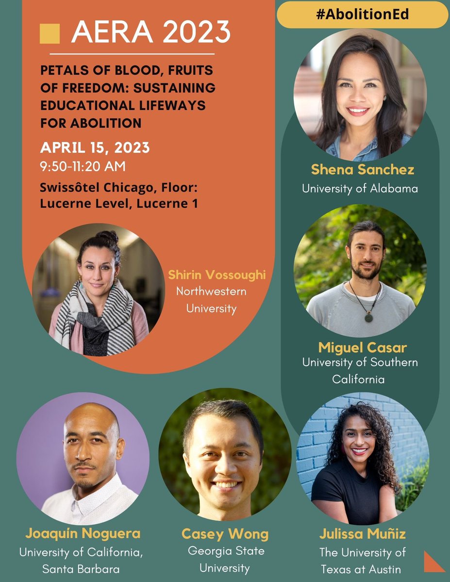 BEYOND EXCITED to enter into convo w/ the INCREDIBLE @MiguelECasar @JulissaMuniz13 Joaquin @shenasan & @shirinblue! We'll be sharing work on abolition and education, from our communities to the colonial institutions we're entangled with, COME THRU! #AbolitionEd 🔥🔥❤️❤️✊🏼✊🏼🙌🏼🙌🏼