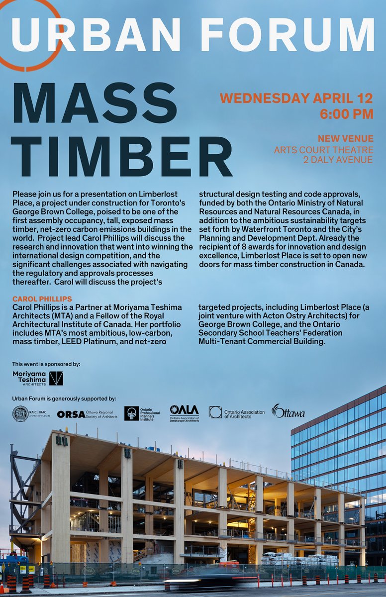 ufottawa's tweet photo. Please join us in person on April 12th for an engaging talk on Mass Timber design and construction! Featuring @moriyamateshima's Carol Phillips.

6pm @artscourt theatre.

We hope to see you there! https://t.co/FBCQb0Tkyj