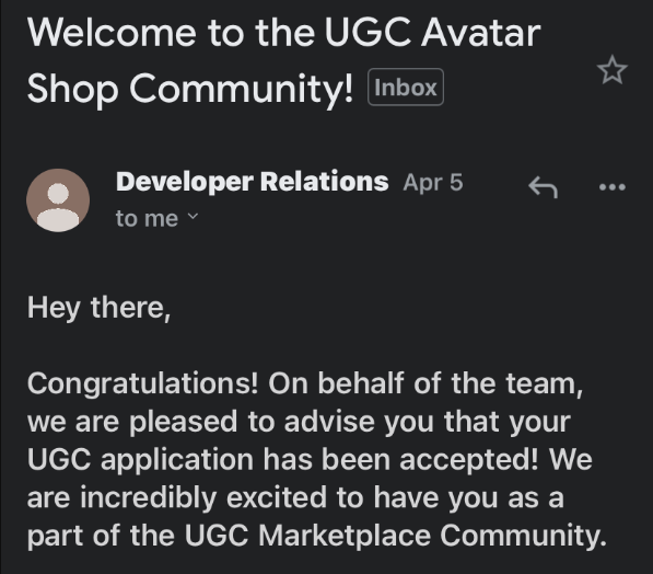 I got into UGC!🎉

Thank you all for the support you’ve shown along the way! More great things to come!  

#Roblox #RobloxDev #UGC #RTC