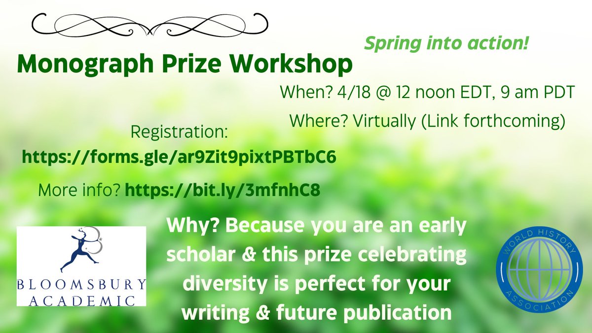 Are you an early scholar with promising material? Our joint WHA Bloomsbury Monograph Prize celebrates scholar diversity.  Attend the 1st workshop of 2023 on 4/18/23 @ 12 noon EDT with Editor Maddie Holder. Reg. here (forms.gle/GDtRhQ9X1u7rwV……); More info: thewha.org/wha.../bloomsb…