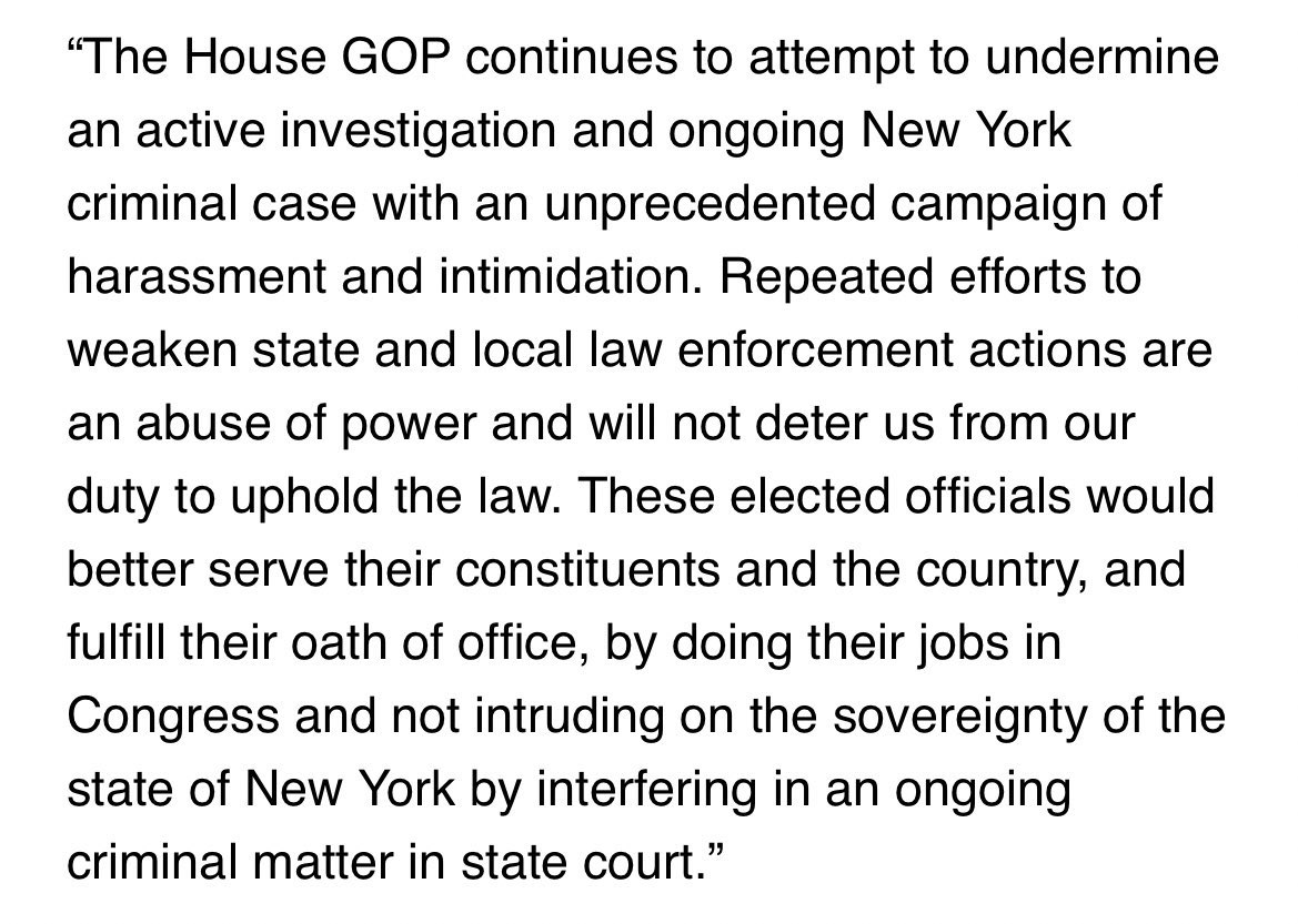 Statement from Alvin Bragg today in response to Jim Jordan.