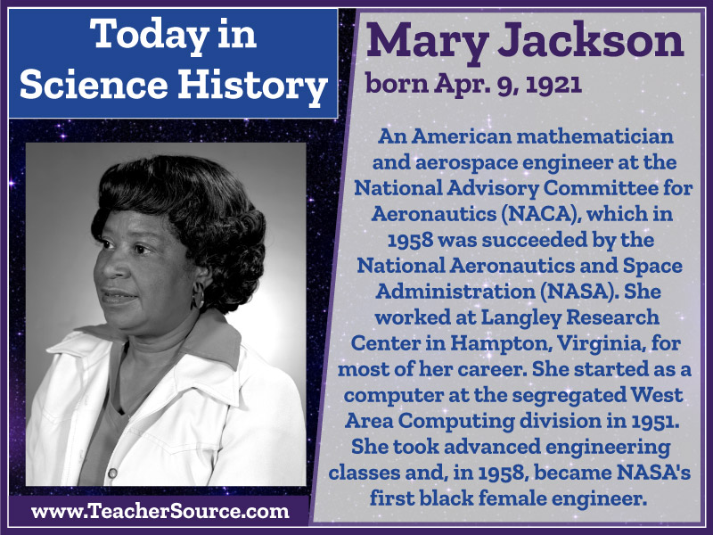TeacherSource's tweet photo. Mary Jackson was born on this day in 1921. 
#MaryJackson #NASA #NACA #engineers #computers #HiddenFigures #WomenInScience #WomenInHistory #science #ScienceHistory #ScienceBirthdays #OnThisDay #OnThisDayInScienceHistory https://t.co/tbQcykjVZY