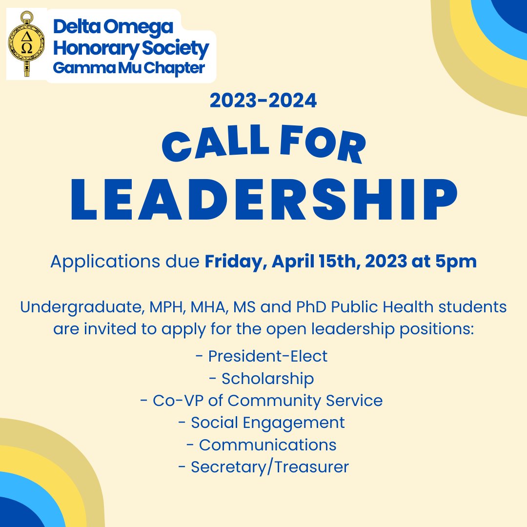 Undergraduate, MPH, MHA, MS and PhD Public Health students are invited to apply for DO leadership!
.
Applications due Friday, April 15th, 2023 at 5pm. You will be contacted about your application by Friday, May 5th and start Fall 2023 
. 
Application form: forms.gle/ucpMZUYpveKmnr…