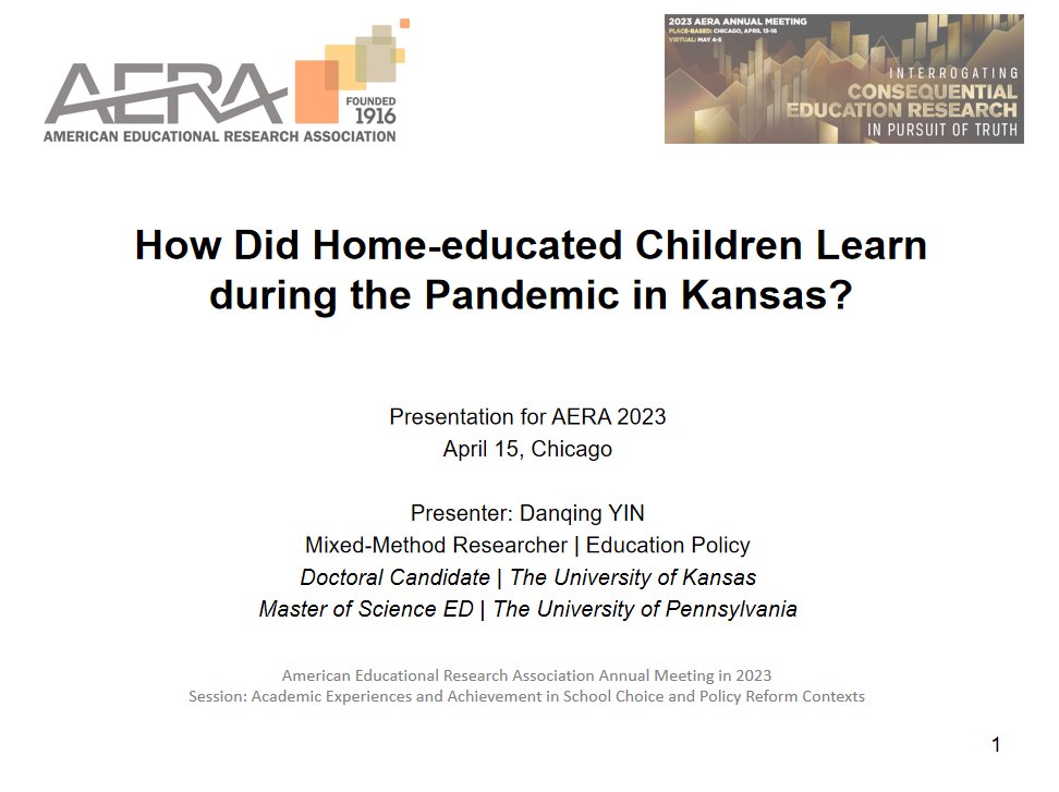 📢 I will present my paper "How Did Home-educated Children Learn during the Pandemic in Kansas?" at #AERA2023 on April 15 (Saturday morning) for <a href="/Division_L/">AERA Division L</a>. Welcome to join me and explore Kansan families' #homeschooling and #pandemiclearning experiences together!