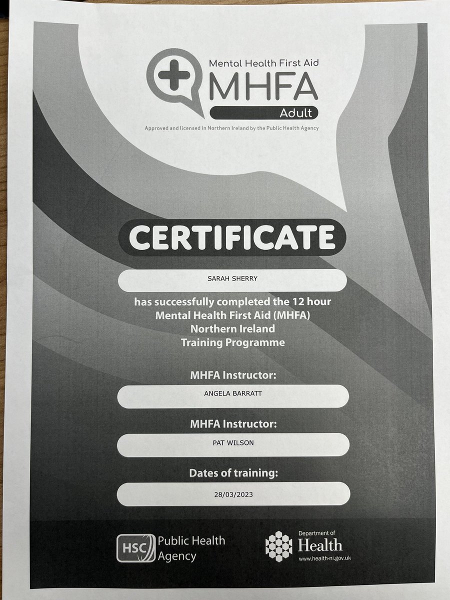 SarahSherry1's tweet photo. Delighted to have completed the Mental Health First Aid (MHFA) Training programme. 

Thank you to Angela Barratt  from HeadsTogether and Pat Wilson who provided the excellent training. 

#mentalhealth1staider #training #mentalhealthawareness @NIPSO_Comms @HeadsTogetherHR https://t.co/cT2ketnAJf