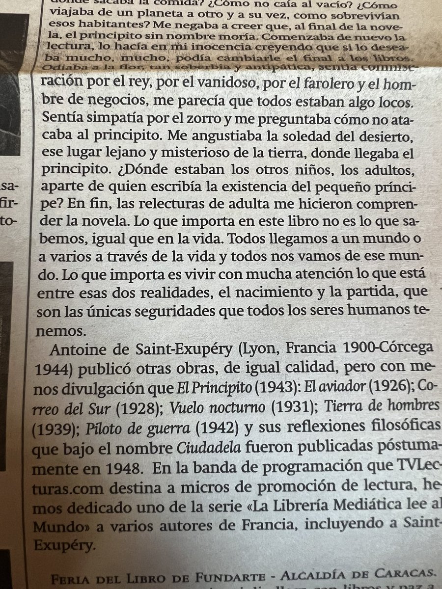 MarialciraMatuT's tweet photo. Me gustaba escribir en #LetrasCCS Ahora que se cumplen 80 años de la primera publicación de El Principito, hurgando notas para el Noticiero Cultural que ponemos al final de los programas encuentro esto: https://t.co/PyUaAgW0Ag