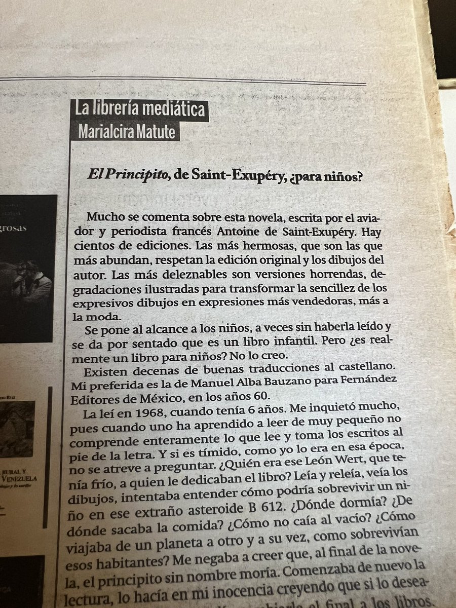 MarialciraMatuT's tweet photo. Me gustaba escribir en #LetrasCCS Ahora que se cumplen 80 años de la primera publicación de El Principito, hurgando notas para el Noticiero Cultural que ponemos al final de los programas encuentro esto: https://t.co/PyUaAgW0Ag