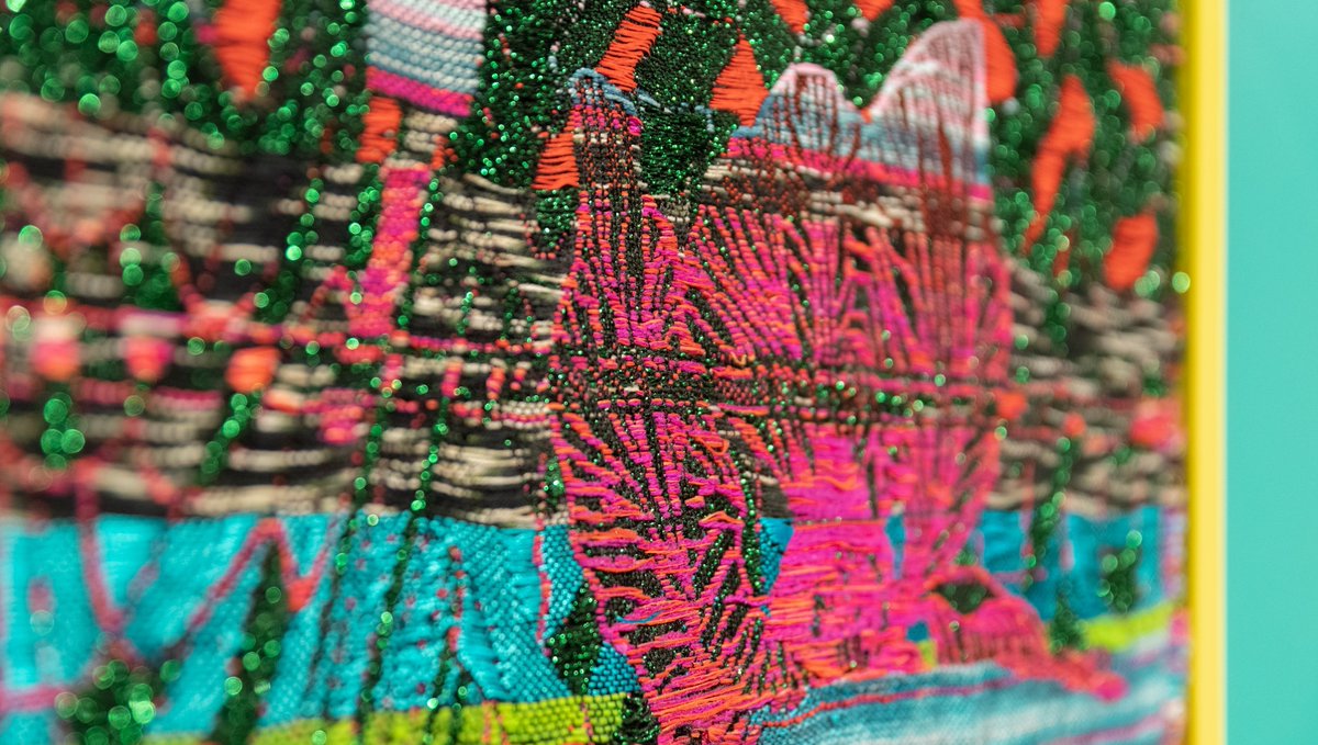 The artworks in this exhibition were made on three different kinds of looms, an industrial power Jacquard loom, Thread Controller 2, and a 16 harness floor loom.

Immerse yourself in the colorful artwork of Sarah Wertzberger🌀

#contemporarytextiles #portlandartist