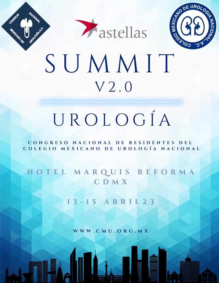 colmexuro's tweet photo. SUMMIT 2.0
CMUN

Congreso Nacional de Residentes Del 
Colegio Mexicano de Urología Nacional

📍@marquisreformah 
📍#CDMX
🗓️ 13-15 Abril 2023

#Residentes
#ResidentesUrologia 
#urology 
#UroSoMe https://t.co/PuN3mDUs50