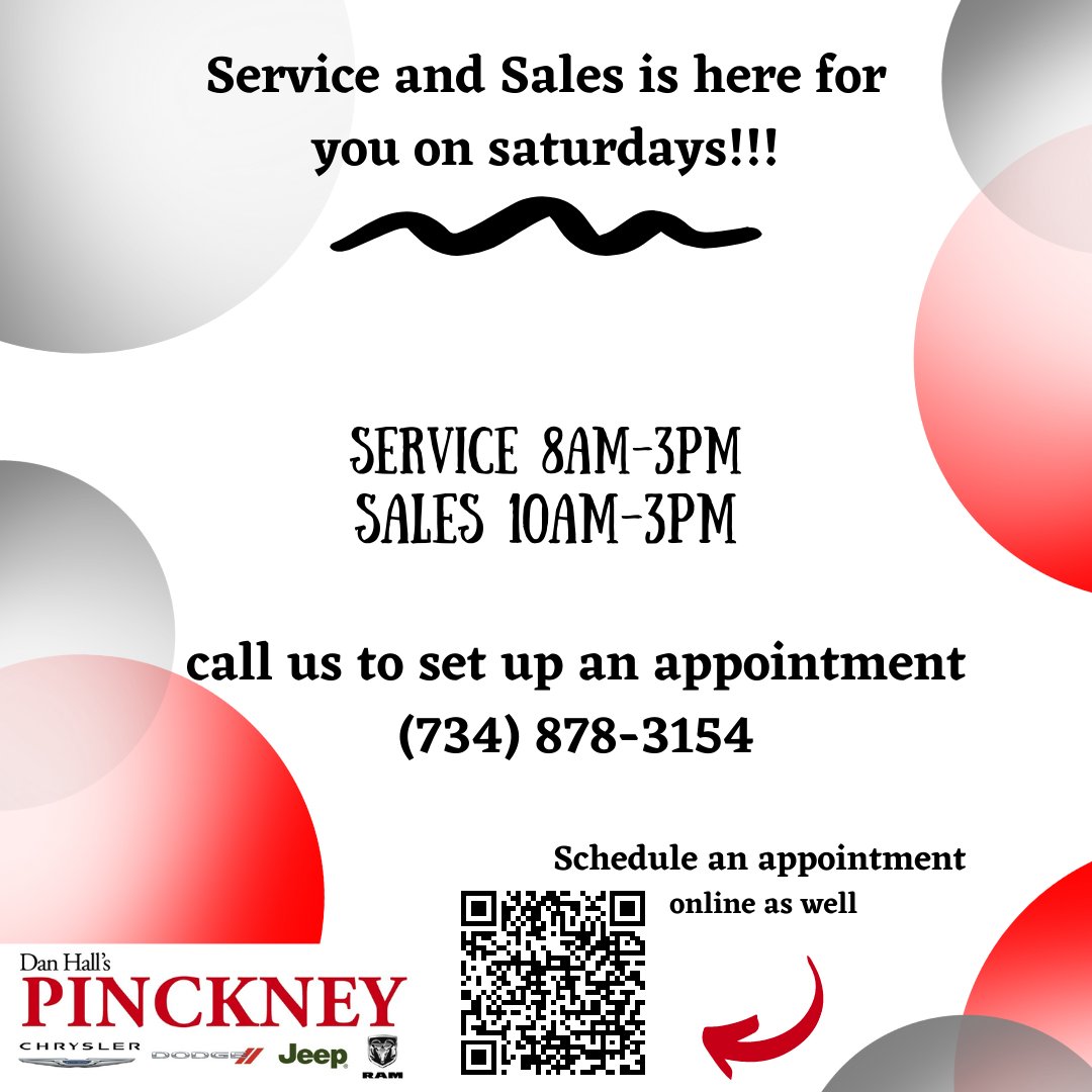 Thursday evening reminder!

(734)878-3154 call to schedule service or a test drive!

#pinckneychryslerdodgejeepram #openonsaturday #livingstoncountymi #pcdj #giveusacall #friendlyreminder #whiteblackred #danhallautomall #wedloveyourbuisiness