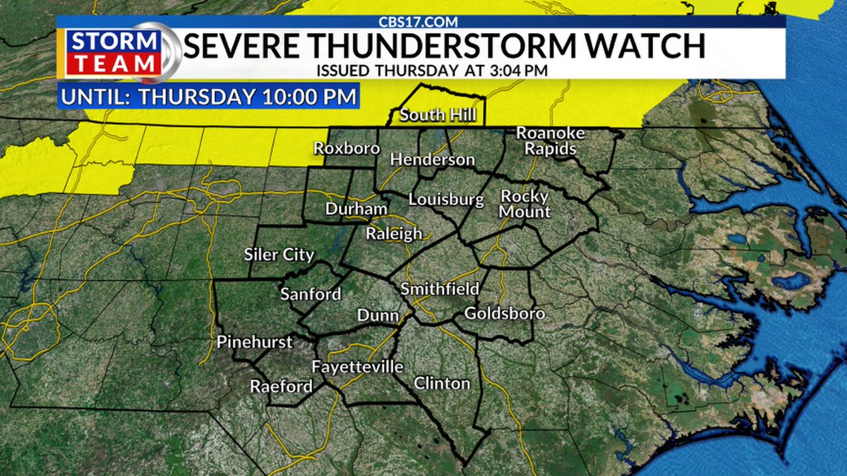 A SEVERE THUNDERSTORM WATCH has been issued in central NC. Hail &amp; damaging wind is possible in these areas. Please stay weather aware! #ncwx