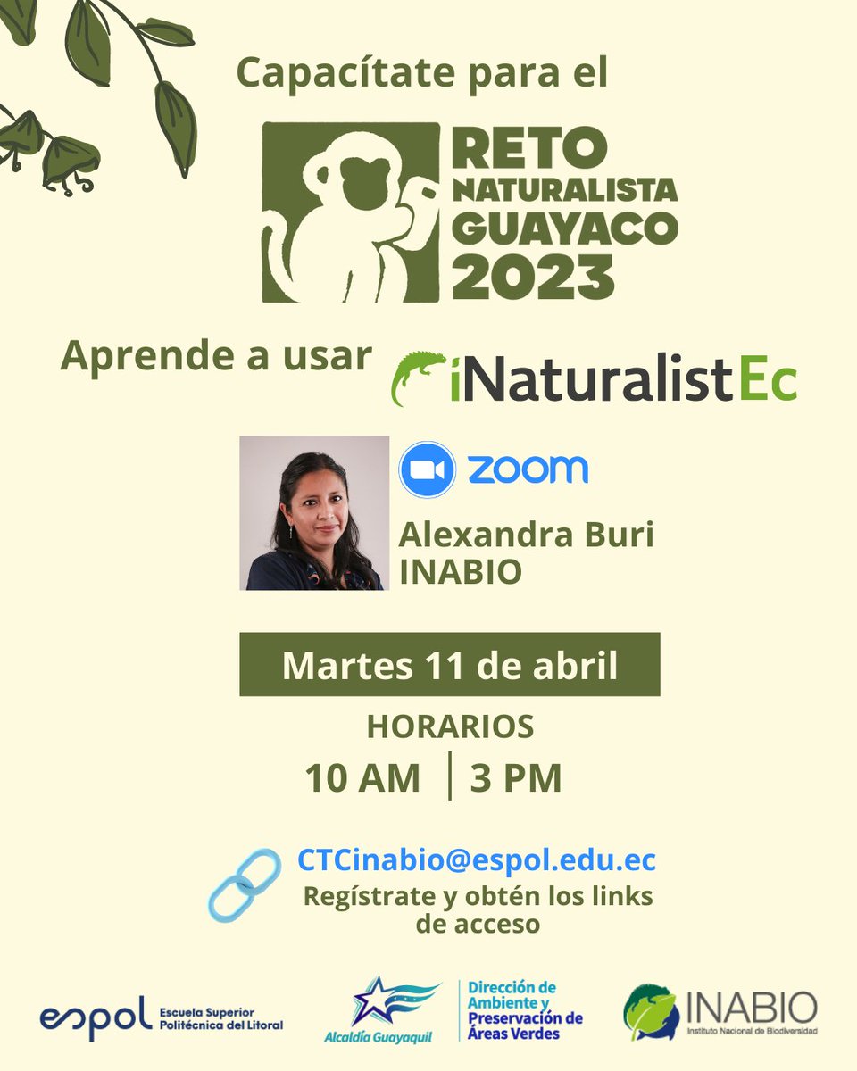 📷 Participa en esta primera capacitacion de la app iNaturalist, y conoce como registrar la biodiversidad de tu área.
📷 Envía un mail a ctcinabio@espol.edu.ec para obtener los Links de registros.
¡Se vendrán mas capacitaciones, estate atento!

#gyebiodiverso #inaturalist