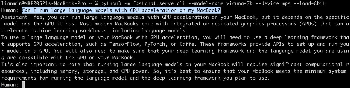 arena's tweet photo. We’re releasing Vicuna-7B: small, efficient, yet capable.

💻 MacBook users can simply "pip install fschat" and run Vicuna-7B with GPU acceleration on M1 chips!

code: https://t.co/cPdf1rjaPv
weights: https://t.co/MnNa9zaNUI https://t.co/UcNPTIiM7h