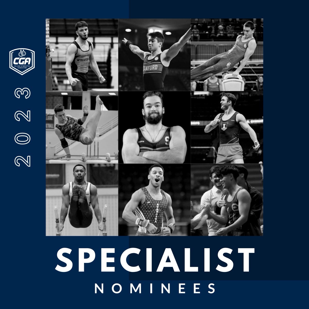 CollegeMGym's tweet photo. The Specialist of the Year nominees are: Jasper Smith-Gordon, Connor McCool, Evgeny Siminiuc, Zach Martin, David Handron, Christian Marsh, Gabe Almeida, Donte McKinney &amp; Ignacio Yockers! #NCAAMGym https://t.co/p5t1tHSMgD