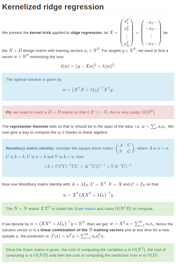 marc_lelarge's tweet photo. The 𝗸𝗲𝗿𝗻𝗲𝗹 𝘁𝗿𝗶𝗰𝗸 without kernel: when your feature space is larger than your number of samples, use 𝗸𝗲𝗿𝗻𝗲𝗹𝗶𝘇𝗲𝗱 𝗿𝗶𝗱𝗴𝗲 𝗿𝗲𝗴𝗿𝗲𝘀𝘀𝗶𝗼𝗻 for efficient computation of your ridge regression, or when to use XX^T versus X^TX. https://t.co/VQNJTy7Atl