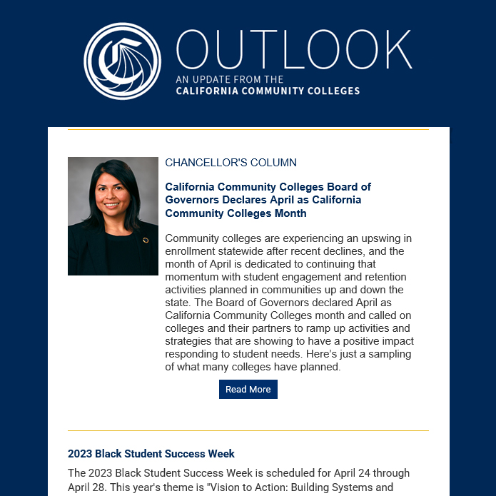 CalCommColleges's tweet photo. From the @CalCommColleges Outlook:
* Chancellor’s Column “Board of Governors Declares April as California Community Colleges Month”
* 2023 Black Student Success Week Registration Open
* 2023 LGBTQ+ Summit
+ more! READ: https://t.co/Pr0DfzHOEY.
#CCCMonth
#CommunityCollegeMonth https://t.co/zEf9qPGGEj