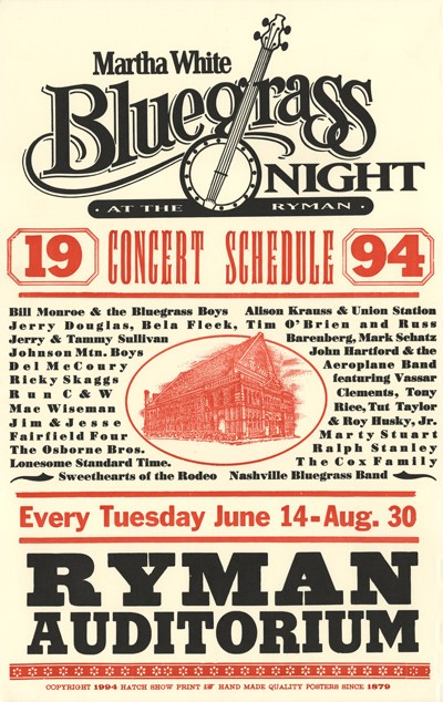 We look forward to continuing the tradition of @smfchicken Bluegrass Nights at the Ryman in 2023! To celebrate, we're throwing it back by sharing the @HatchShowPrint poster from the first Bluegrass Nights series at the Mother Church in 1994 🤠