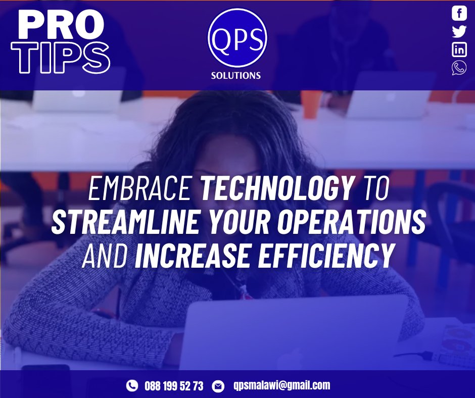 qps_solutions's tweet photo. Embrace technology to take your business to the next level! Don't know where to start? We can help! Contact us at 0881995273 or qpsmalawi@gmail.com to learn more. #embracetechnology #businesstips #technologyconsulting #QPSsolutions https://t.co/A9zOcchBeH