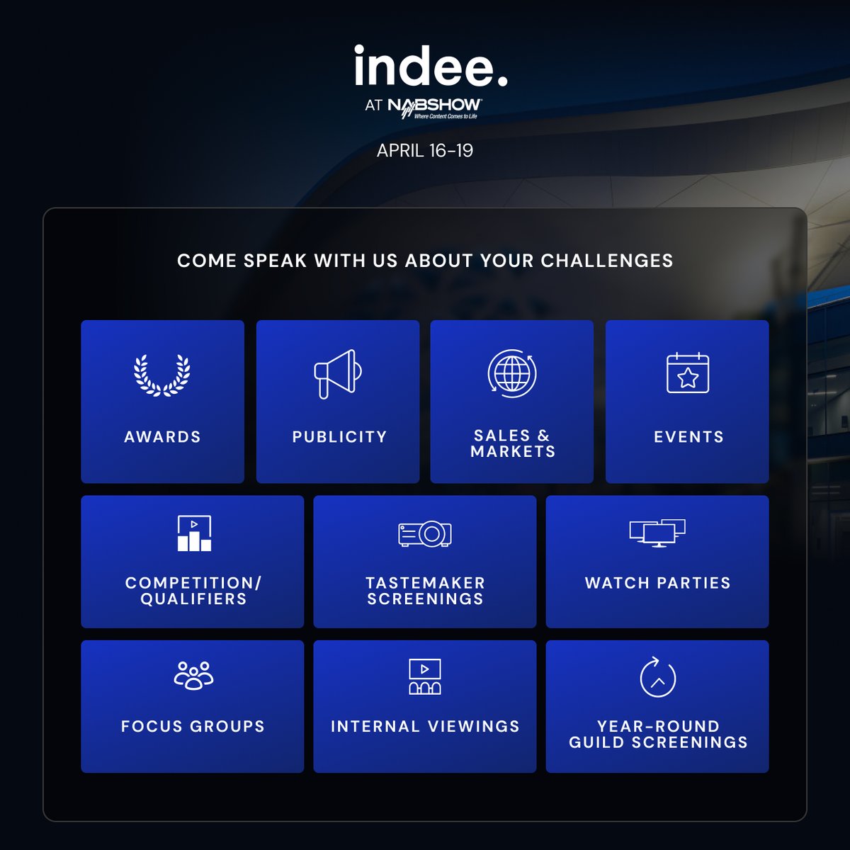 Are you headed to the <a href="/NABShow/">NAB Show</a> this year and are you also looking for a secure screening solution to your content distribution and security challenges?

Visit Indee at booth (W1876)

#nabshow #nab2023 #contentprotection #streaming #ott #contentsecurity #securescreeners