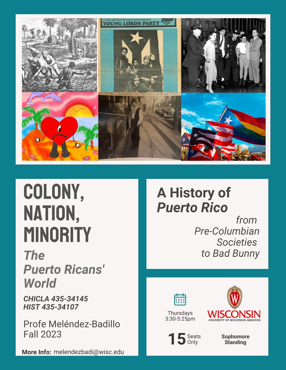 New fall class alert🚨

Chicla 435: A History of Puerto Rico - from Pre-Colombian Societies to Bad Bunny🐰

Only 15 seats ‼️