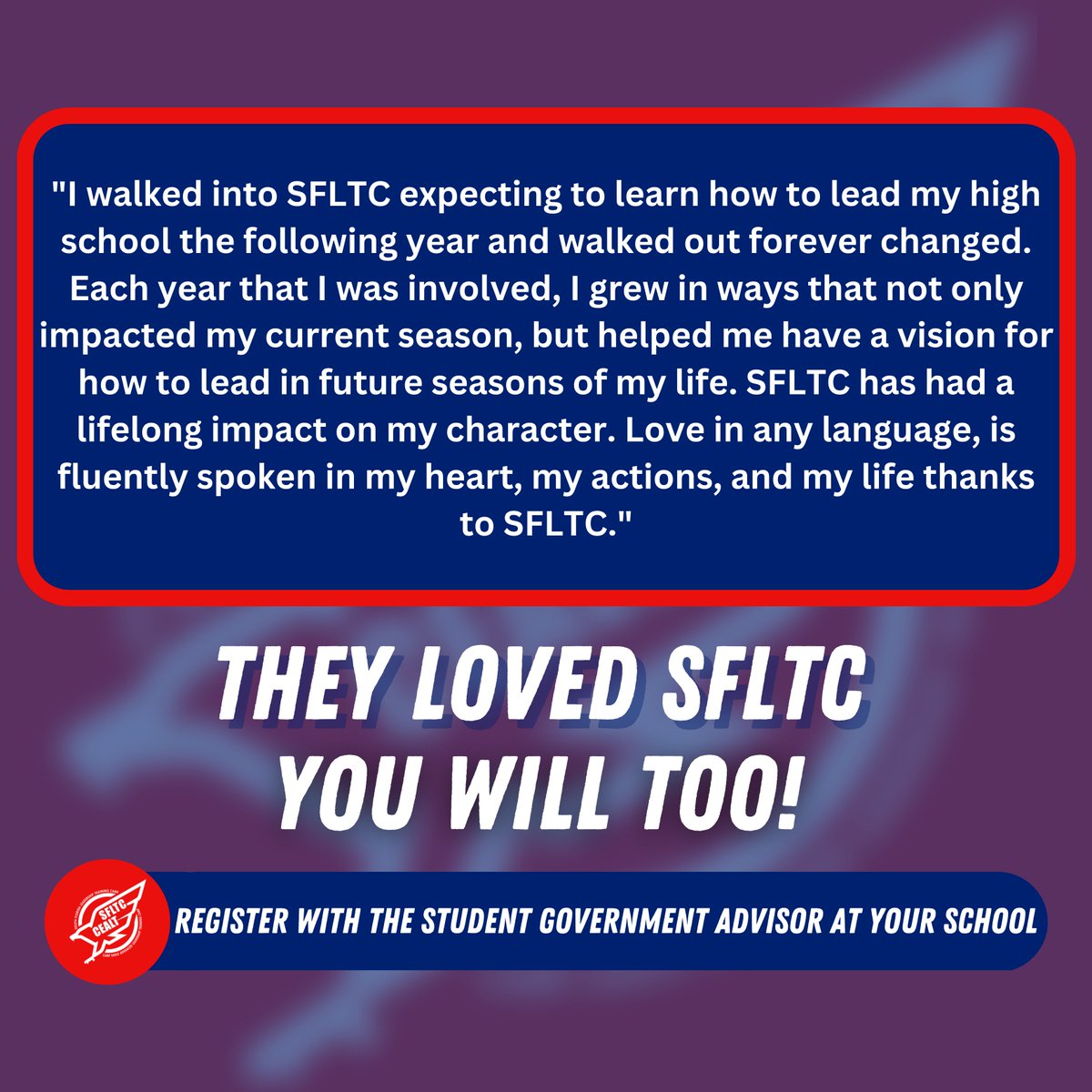 therealsfltc's tweet photo. THEY LOVED SFLTC, YOU WILL TOO! Join us at SFLTC 2023 from June 12 - June 16. Register with the SGA advisor at your school!
@bcpsactivities https://t.co/MLs8aQDvWp