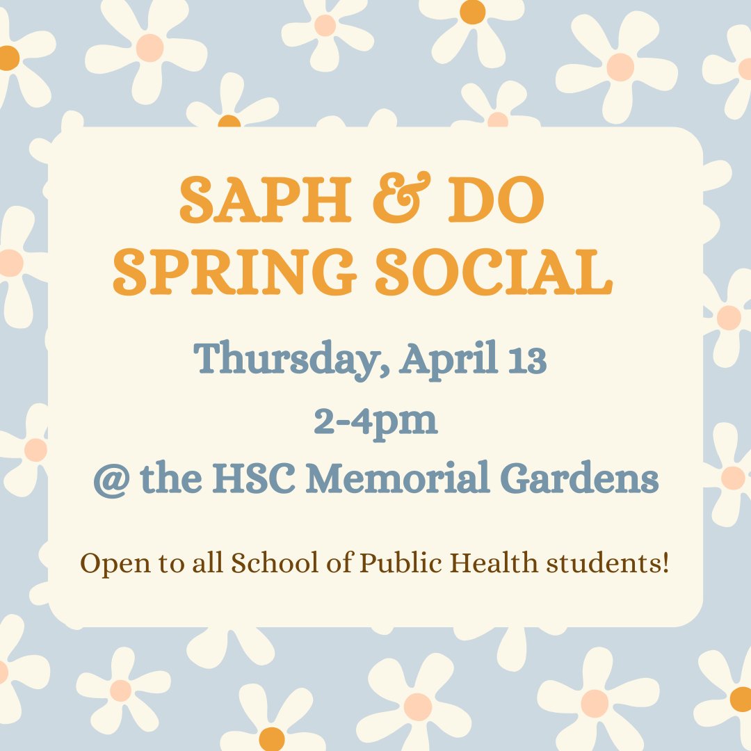 Please join the Student Association of Public Health (SAPH) and the Delta Omega Honorary Society (DO) next week for a Spring Social! Free and open to all School of Public Health students
.
We hope to see you there!